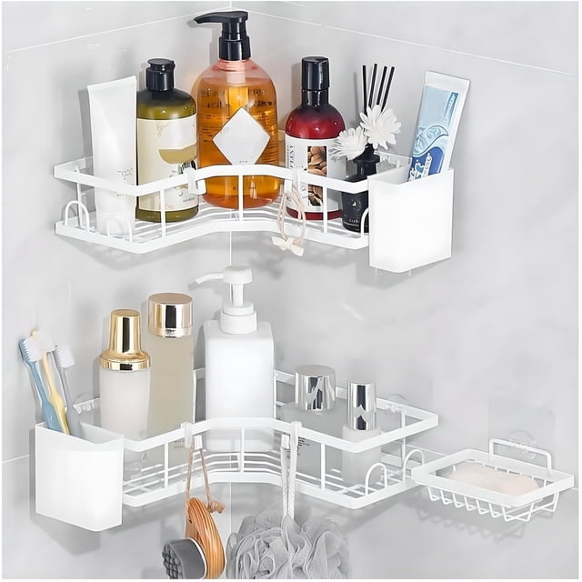 Juego de 5 Estanteria Ducha para Baño,Organizador Baño Sin Taladros y Soportes de Jabón,Estantes de Regadera con 2 Cesta de Almacenamiento y 4 Ganchos,para Cocina,Ducha,Hotel (Blanco),Blanco