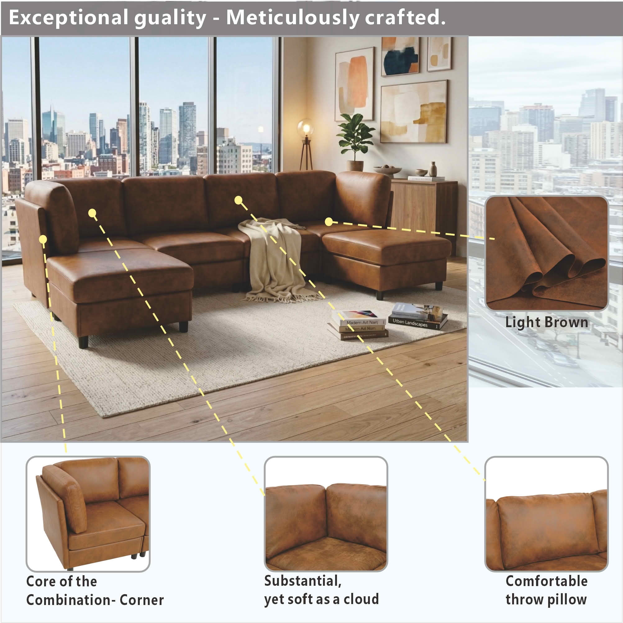 MAYEERTY 124 Inch Modular Corner Sectional Sofa, Freely Reconfigurable Modern Couch with Convertible Ottoman for Living Room