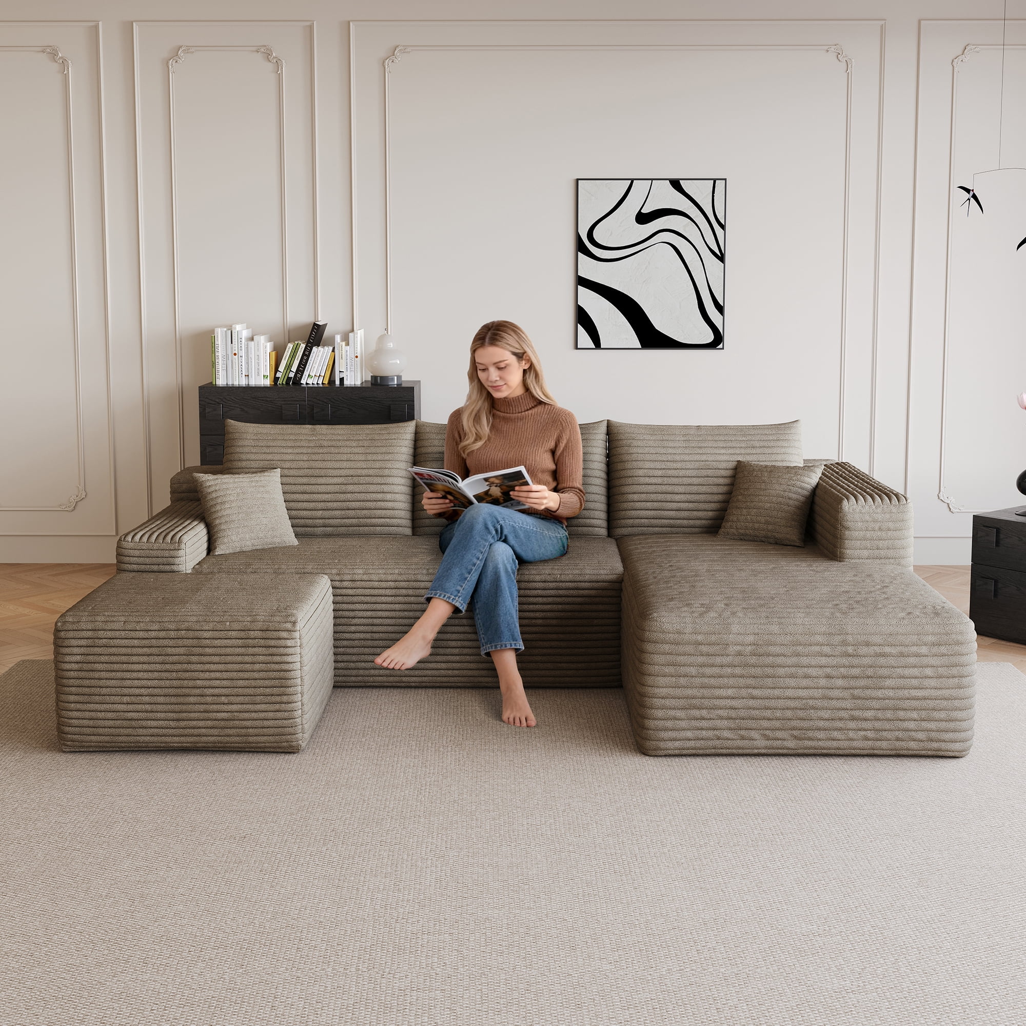 Cloud Sectional Sofa 95-Inch with Ottoman and U-Shaped Modular Design, Corner Couch and Deep Seat Living Room Set, No Assembly Required, Camel