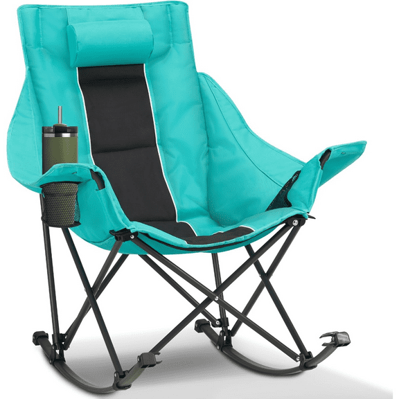 Oversized Rocking Camping Chair with Headrest & Cup Holder - 400lbs Capacity, 600D Oxford Fabric, Easy Fold Portable Outdoor Rocker Chair for Camping, Backyard, Beach, Light Gray