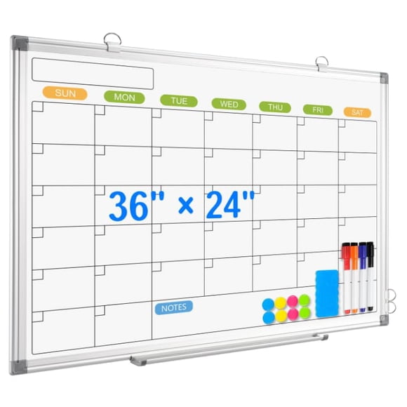 Monthly Calendar Dry Erase Whiteboard for Wall, 36" x 24" Magnetic Dry Erase Board, Hanging Double-Sided White Board, Portable Board for School, Plan