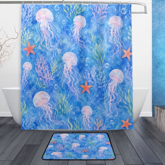 TTYFWHD 60" x 72" Shower Curtain and Bath Mat Set Pastel Jellyfish Sea Waterproof Bathroom Curtain with 12 Hooks, Bathroom Decor Set
