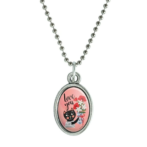 Love You Cat Flowers Antiqued Oval Charm Pendant with Chain