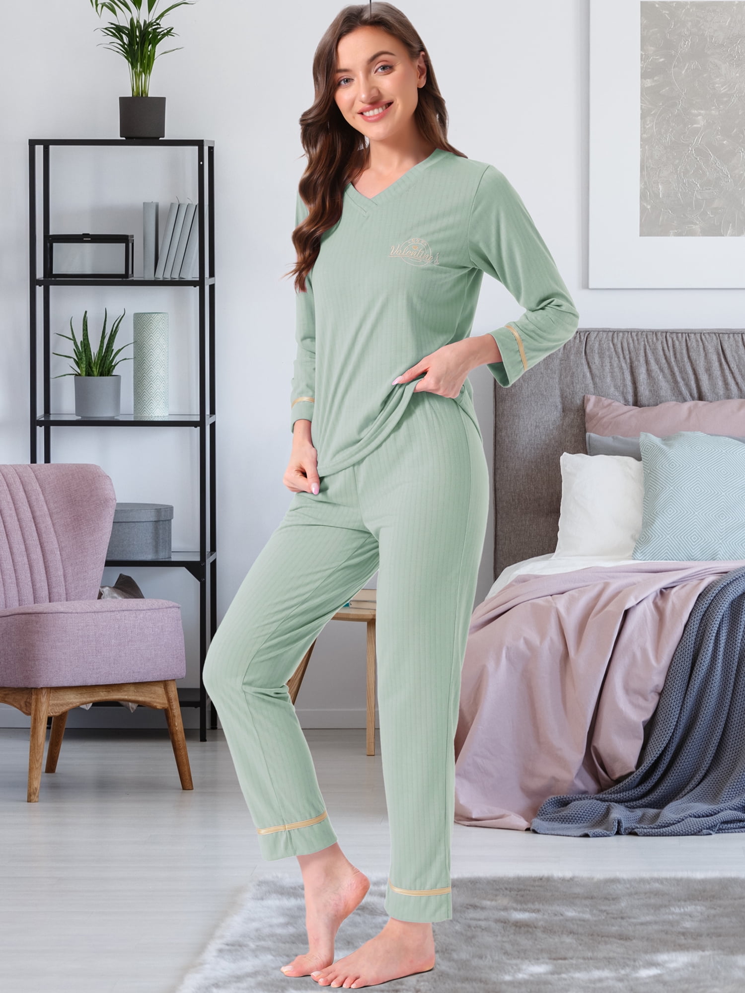 DARING DIVA Women's Cotton Ribbed Pullover V-neck Tops with Bottoms Pajama Sets S Green
