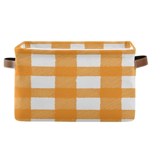 Orange and White Gingham Plaid Square Storage Bins with Handles Collapsible Containing Box 1 Pack