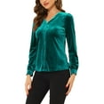 thumbnail image 4 of MODA NOVA Juniors Christmas V Neck Long Sleeve Solid Button Velvet Shirt Green XS, 4 of 5