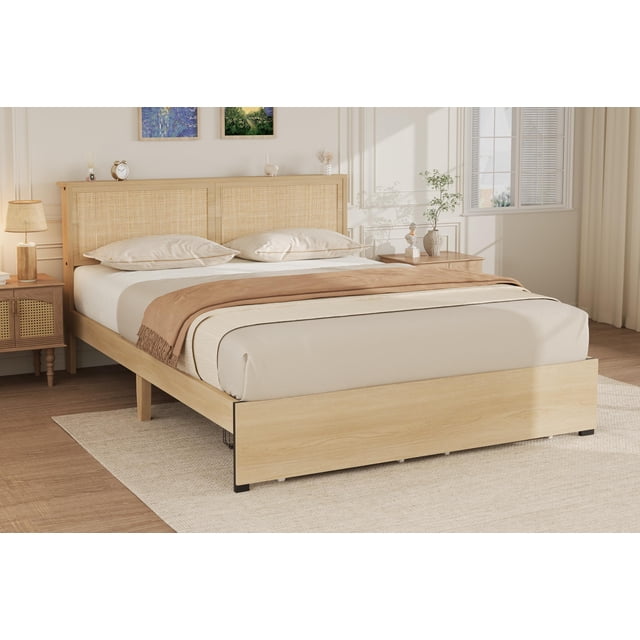 AKDSteel Full/Queen/King Bed Frame with Rattan Headboard, Platform Bed with 2 Storage Drawers, Large Under-Bed Space, No Box Spring Needed**