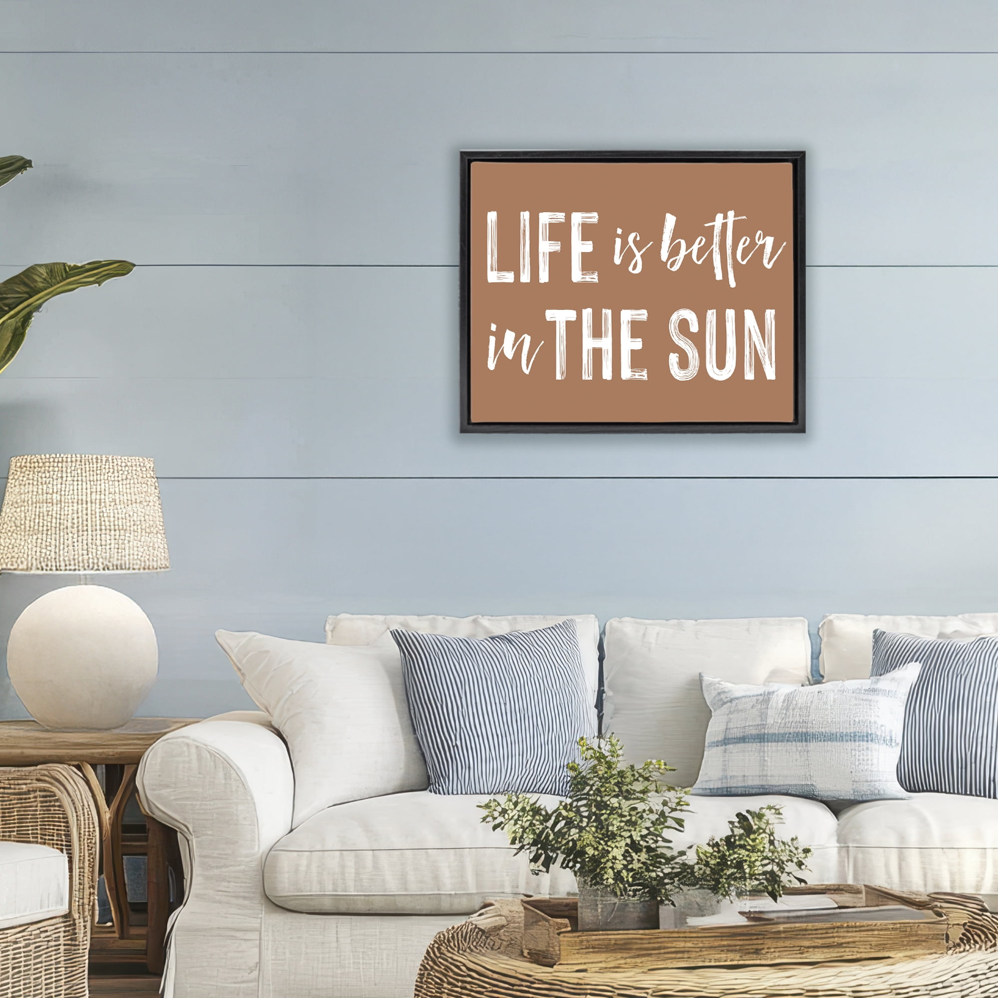 Life Better In Sun Brown Black Framed Floater Canvas Wall Art, design by Lettered and Lined