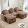 thumbnail image 2 of Teddy Fabric Cloud-like 3-Seat Sofa,Curved Backrest and Armrest with Curved Lumbar Pillows, Sectional 3 Seater Modular Couch with 2 movable Ottomans and Supportive Double-layer cushion, Camel, 2 of 4