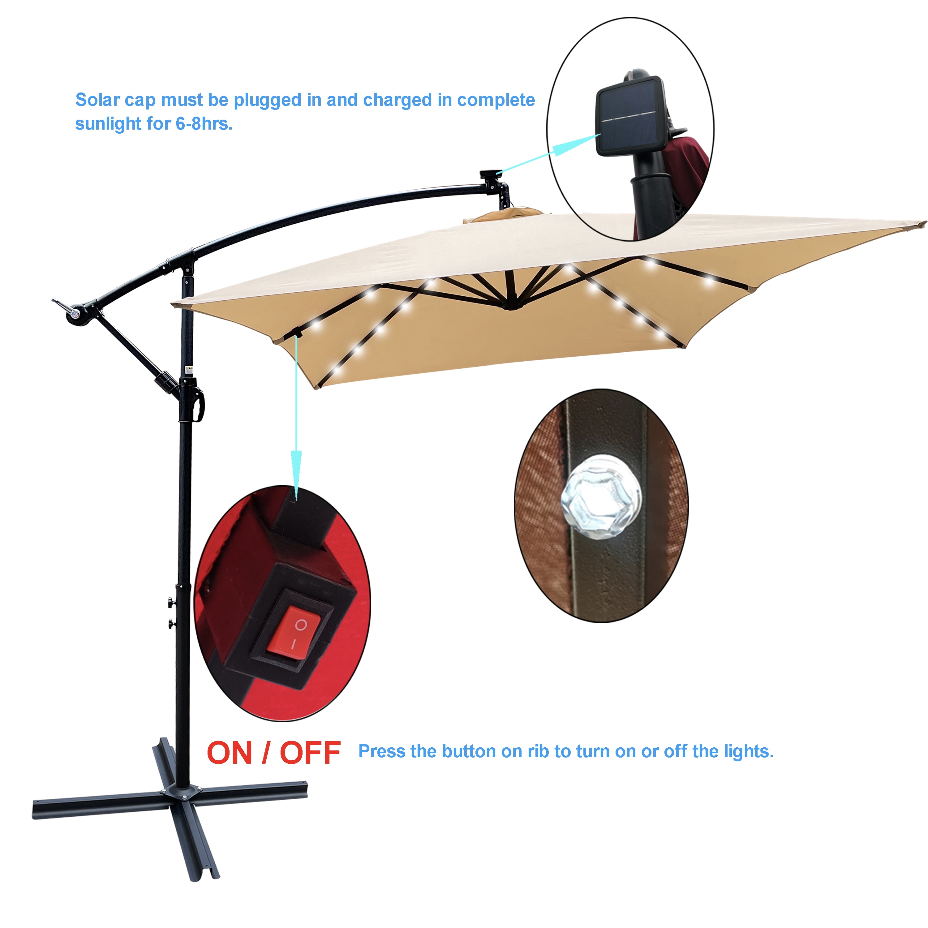 2x3M Rectangular Outdoor Patio Umbrella, Solar LED Lighted Sun Shade Canopy with 6 Ribs & Crank Base, Tan