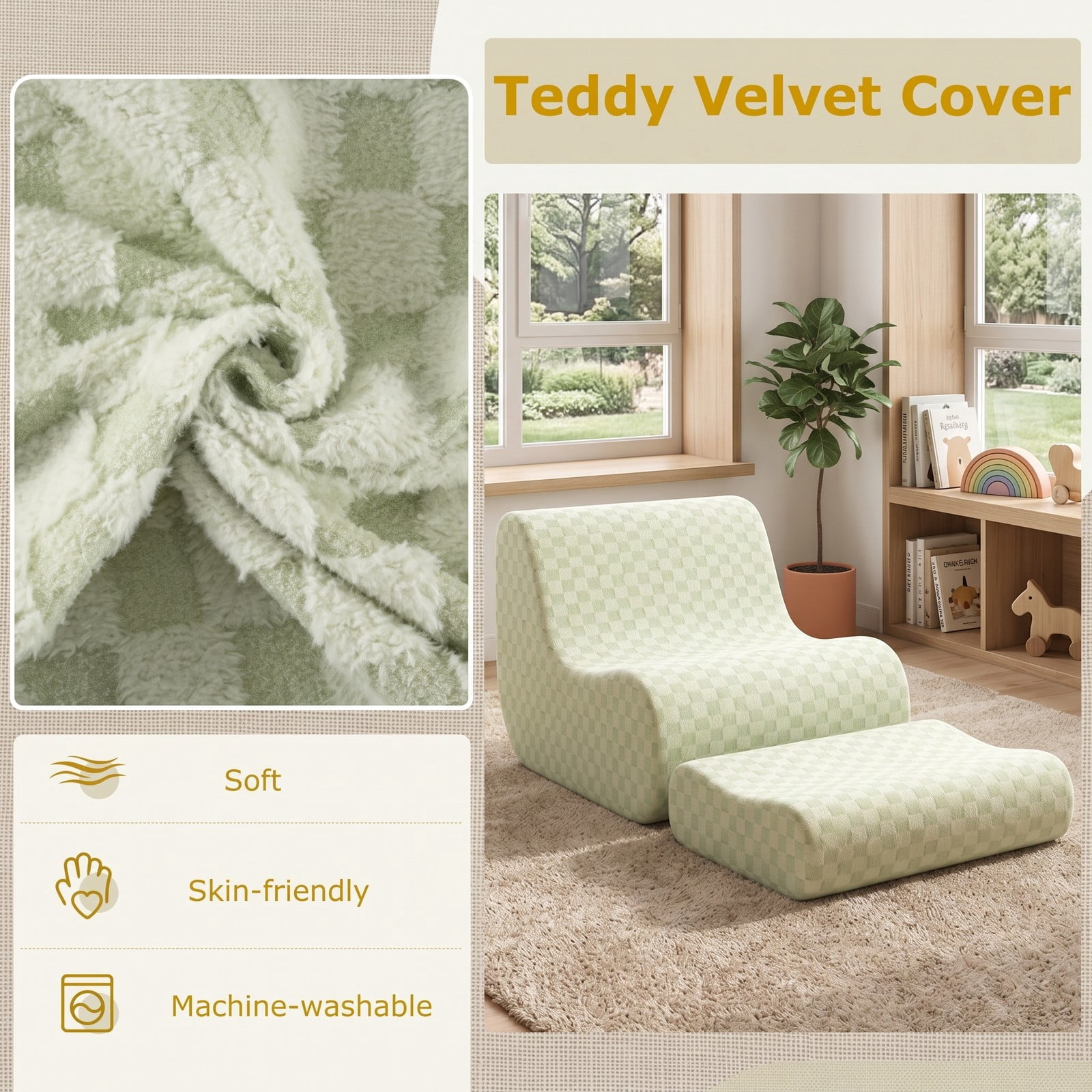 Furnibear Bean Bag Chair with Ottoman, Teddy Velvet Lounge Chair with Inclined Backrest, High Elasticity Sponge Filling, Machine-Washable Cover and Non-Slip, Green