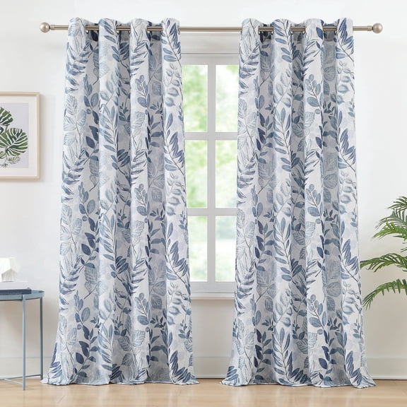 Bohogeo 84 inch Long Blue Leaf Print Curtains,Linen Blended Soft Touch Light Filtering Privacy Protect Drapes,55"x84"x2