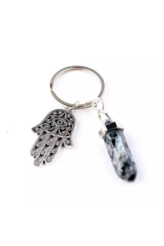 Evil Eye Fatima Hamsa Hand Crystal Hexagon Pillar Key Ring Palm Keychain Pendant-Labradorite