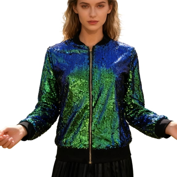 Women's Sequin Bomber Jacket Long Sleeve Zipper Shiny Glitter Tops Sparkly Daily Party Carnival Outfits (XL, Green)