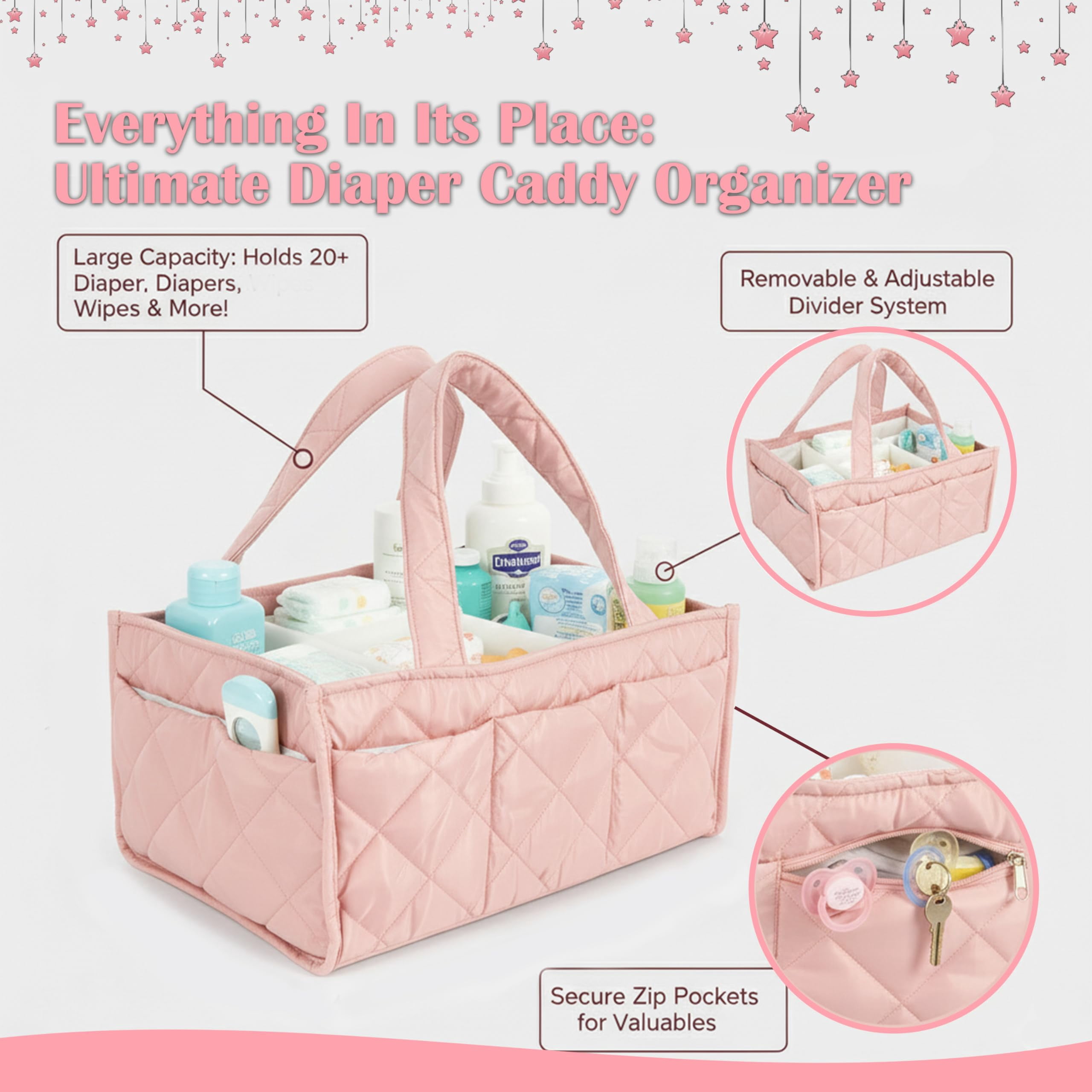 Baby Diaper Caddy Organizer, Nursery Storage Basket for Newborn Essentials, Travel Baby Basket for Diapers Baby Wipes, Organizer Tote Bag Storage Bin, Baby Shower Gifts (Pink)