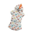 thumbnail image 2 of Yunliwuli Kids Boys Summer Outfits Dinosaur Print Hooded Short Sleeve T-Shirts Tops and Elastic Waist Shorts 2Pcs Clothes Set, 2 of 10