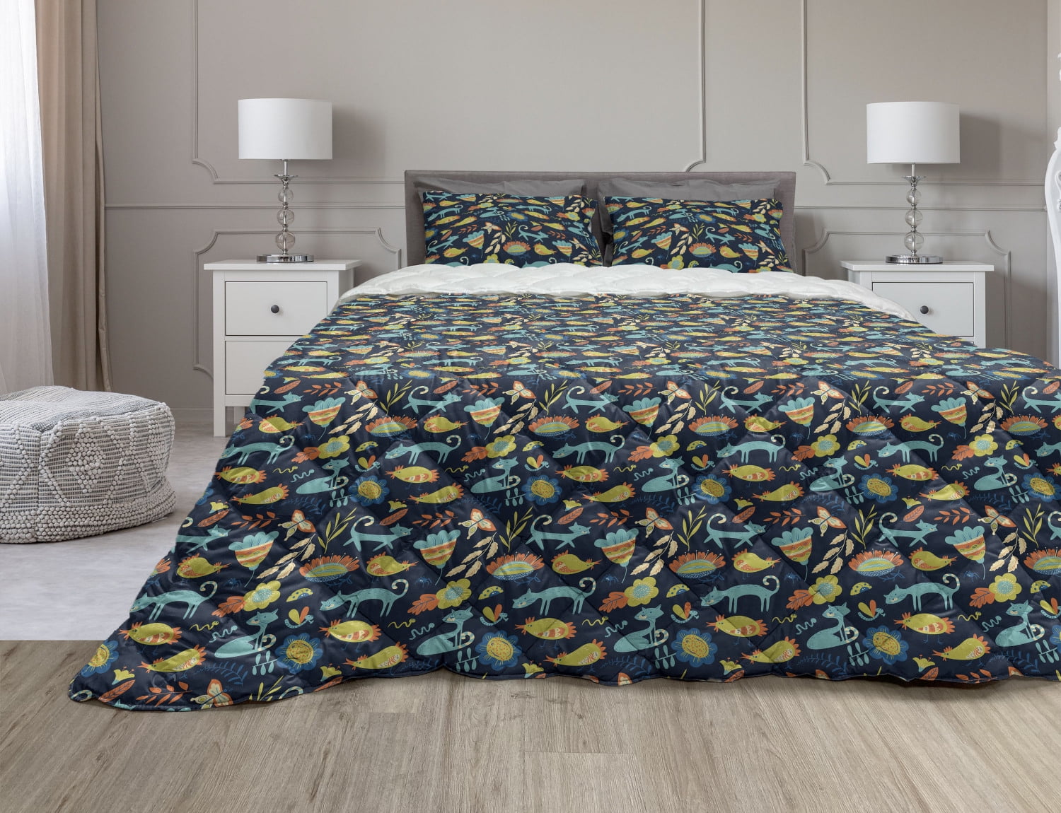 Nature Art Comforter & Sham Bedding Set, Forest Flowers Cat Chicken