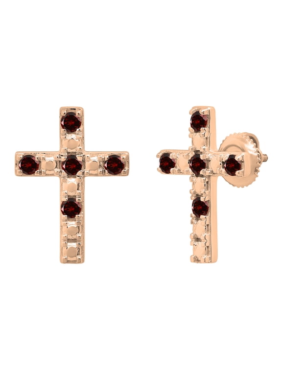 Collection Round Garnet 5 Stone Religious Cross Screwback Stud Earrings for Women (Color Red, Moderately Included) in 18K Rose Gold