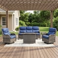thumbnail image 4 of POCASSY 5-Piece Patio Furniture Set with Fire Pit Table, Luxury High Back Rattan Wicker Outdoor Conversation Set with 5-inch Thick Seat Cushion Sofa and Swivel Glider Patio Chair for Porch, 4 of 17