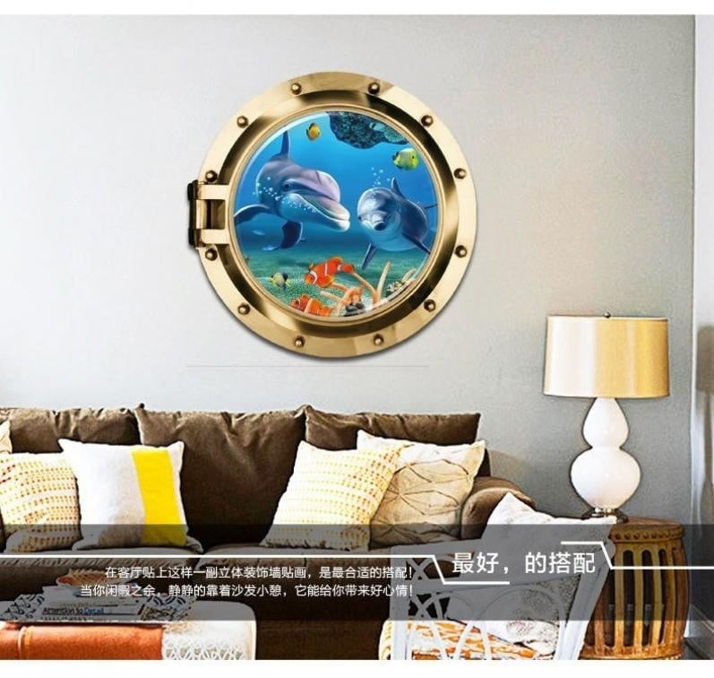 Full Colour Dolphin Porthole Wall Sticker Decal Kids Bedroom Decoration Ocean Sea