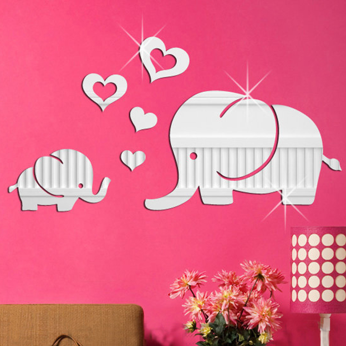 Travelwant Elephant & HeartShaped Creative Mirror Wall Stickers, Reflective Acrylic Wall Mirror