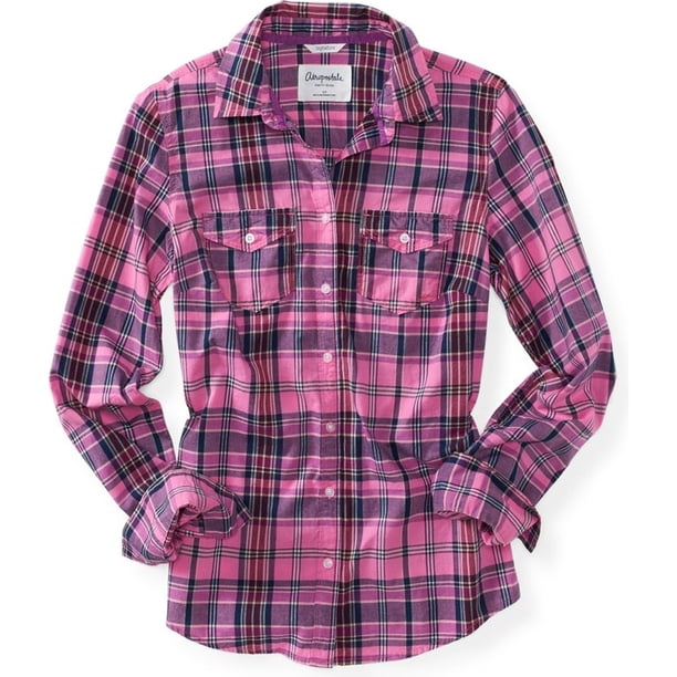 Aeropostale Womens LS Plaid Front Button Up Shirt, Pink, Medium Aeropostale Camisa con botones