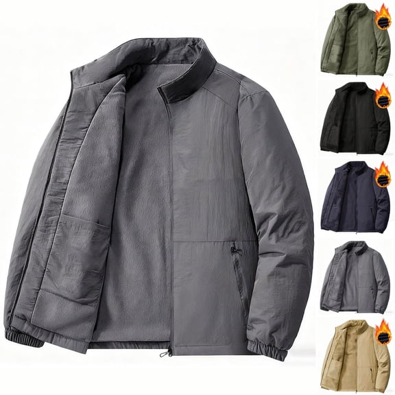 Agkizg Men's Winter Fleece Jackets, Casual Solid Stand Collar Zip Up Fleece Lined Jacket, Pocket Long Sleeve Non-Hood Coat