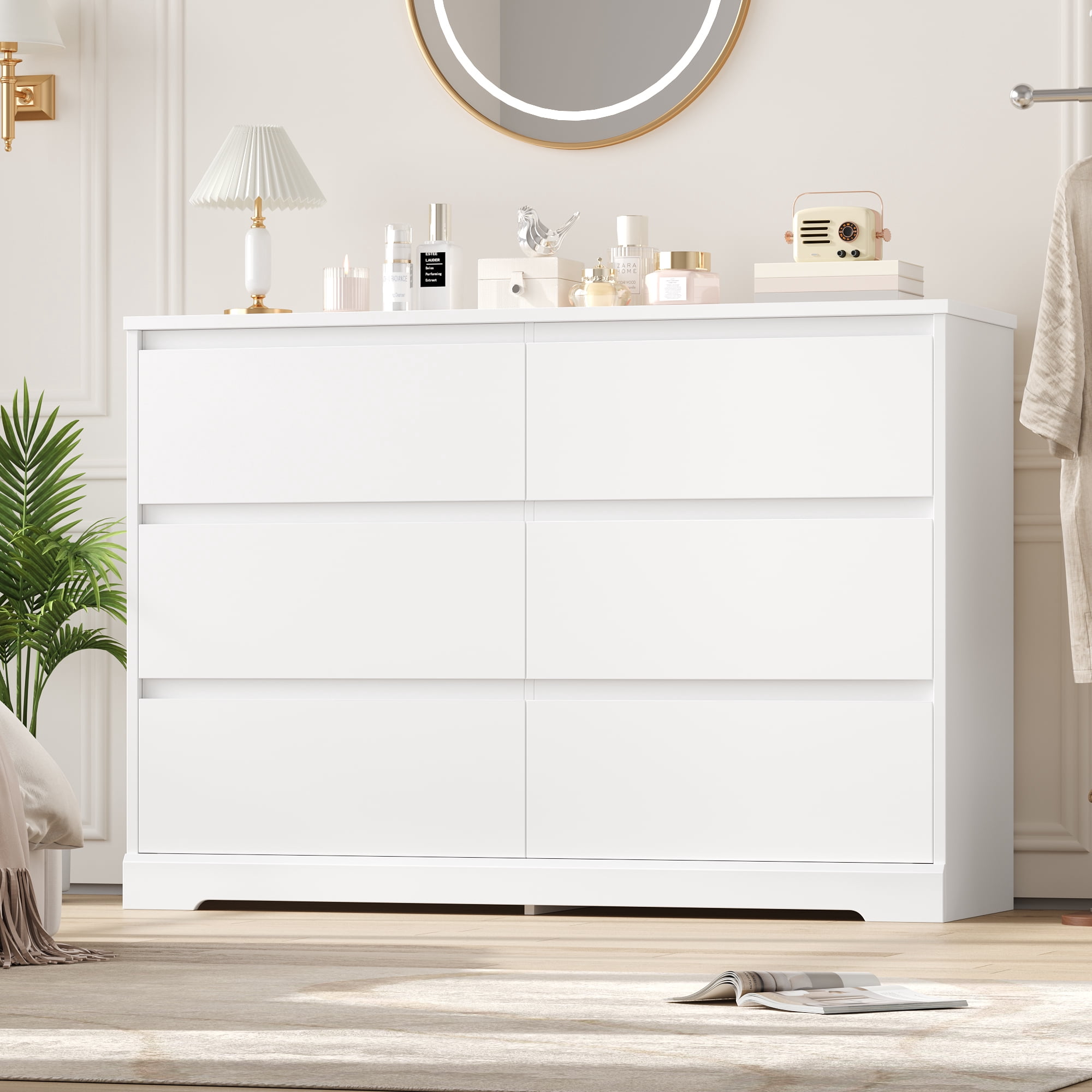 Homfa 6 Drawer Double Dresser, 47.2'' Wood Storage Side Cabinet Chest of Drawer for Bedroom Living Room, White