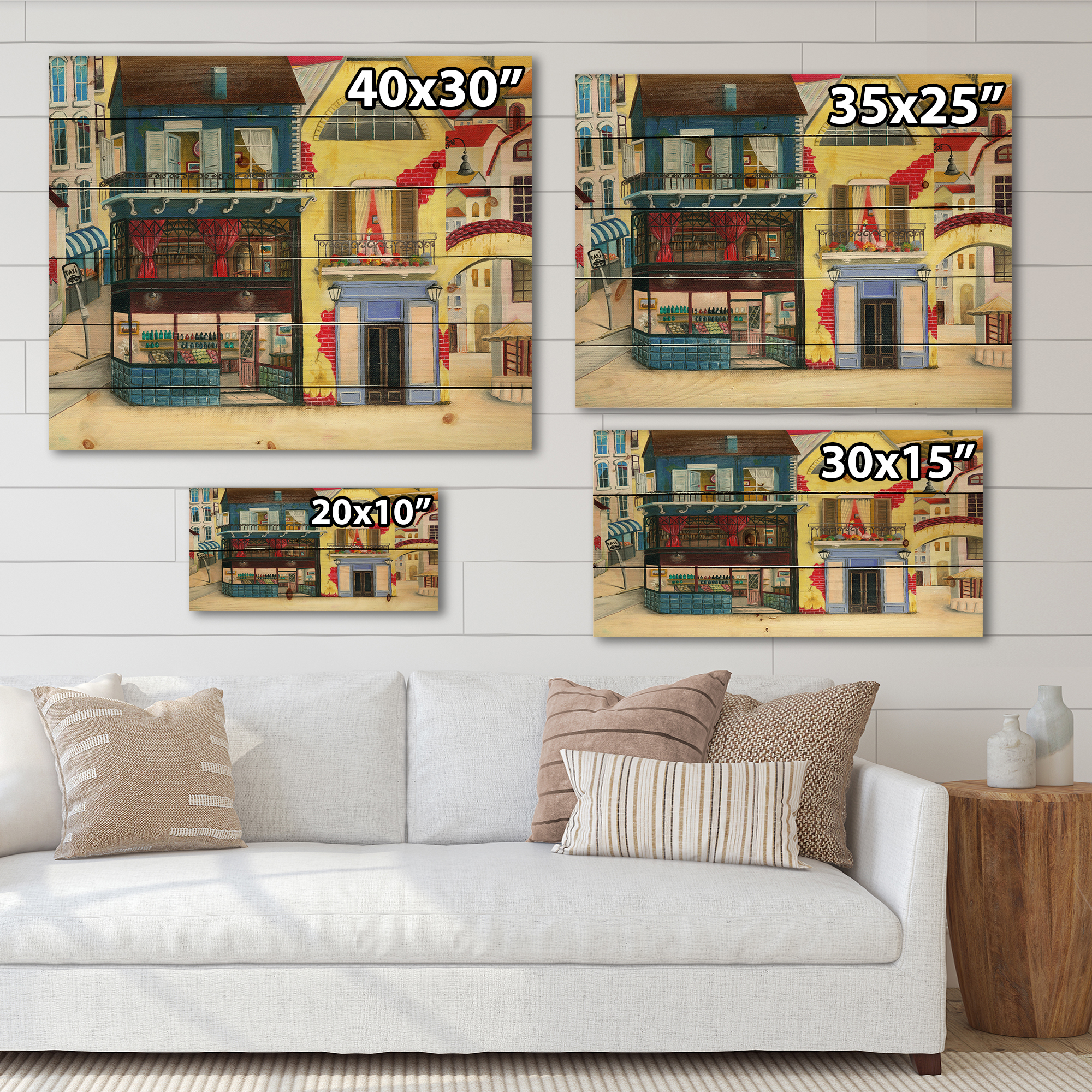 Designart 'The Colorful Facade of The Buildings In A Cozy Streets' French Country Print on Natural Pine Wood