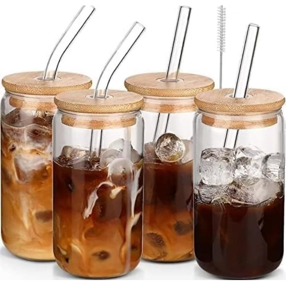 Set de 4 Vasos de Cristal con Tapas de Bambú y Pajitas para Café Helado Matcha y Cócteles