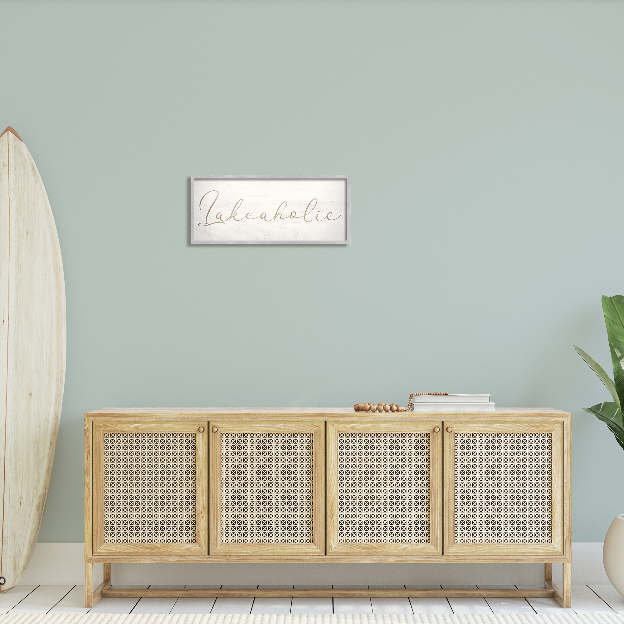 Stupell Industries Lakeaholic Shabby Chic Calligraphy Text Rustic Background Framed Wall Art, 24 x 10, Design by Daphne Polselli