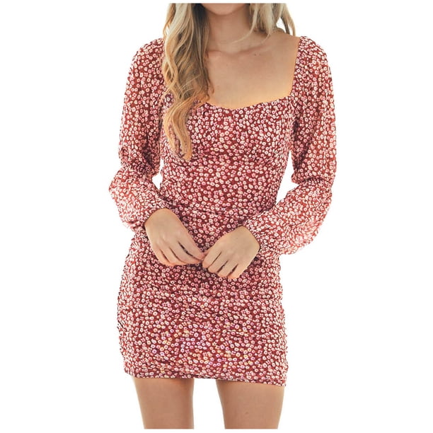 Vestidos sueltos para mujer Vestido informal de verano Estampado de crisantemo pequeño Cuello cuadrado Vestido de manga larga Mini vestido Pompotops hdfakjf2408
