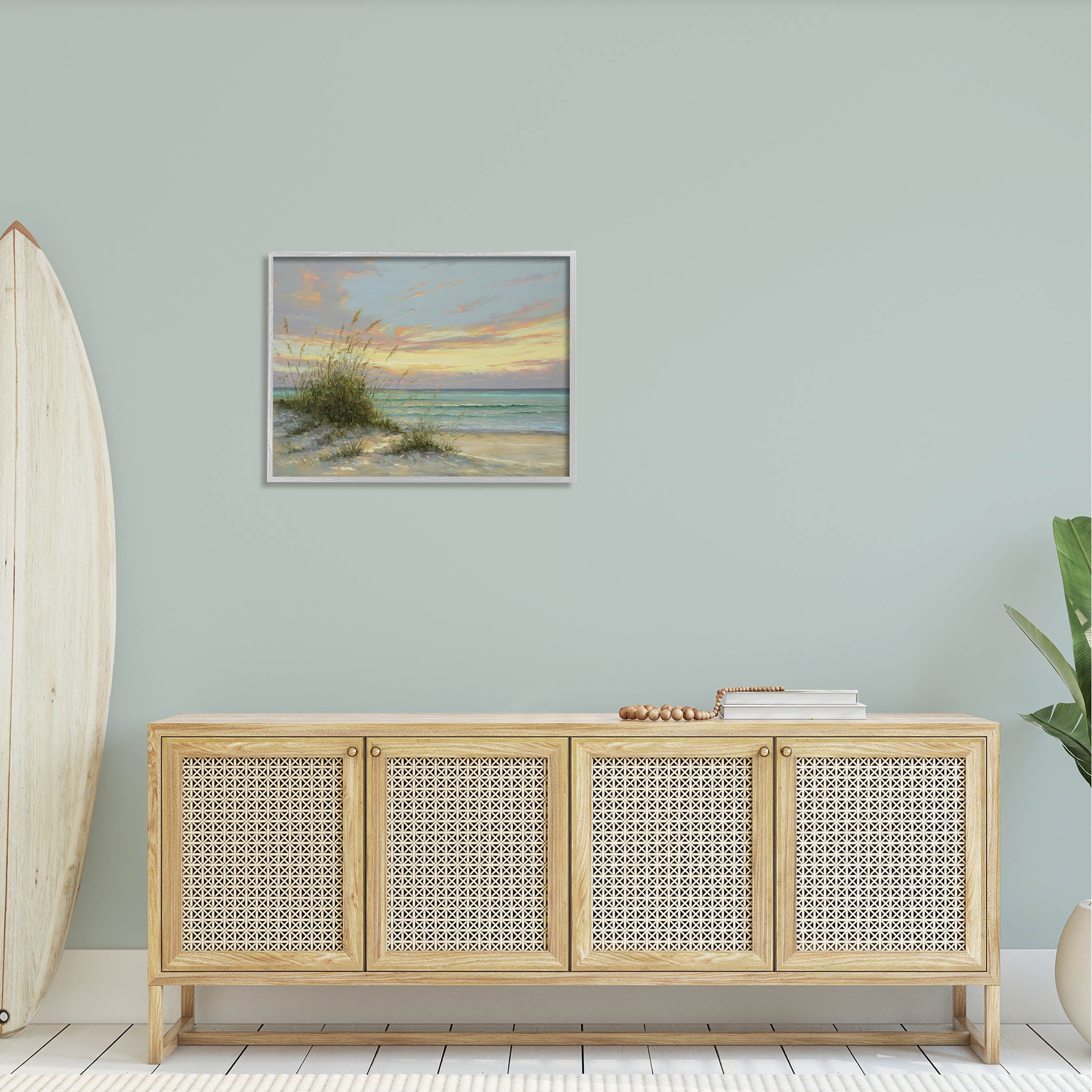 Beach Grass Vivid Sunset Coastal Painting Gray Framed Art Print Wall Art