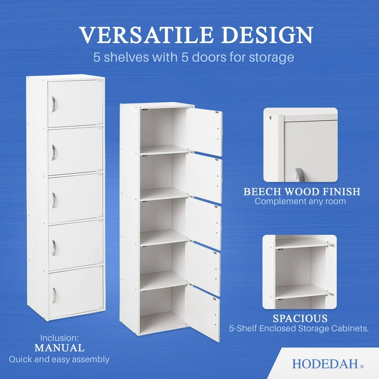 Hodedah 5-Shelf, 5-Door Tall Storage Cabinet, Skinny Furniture