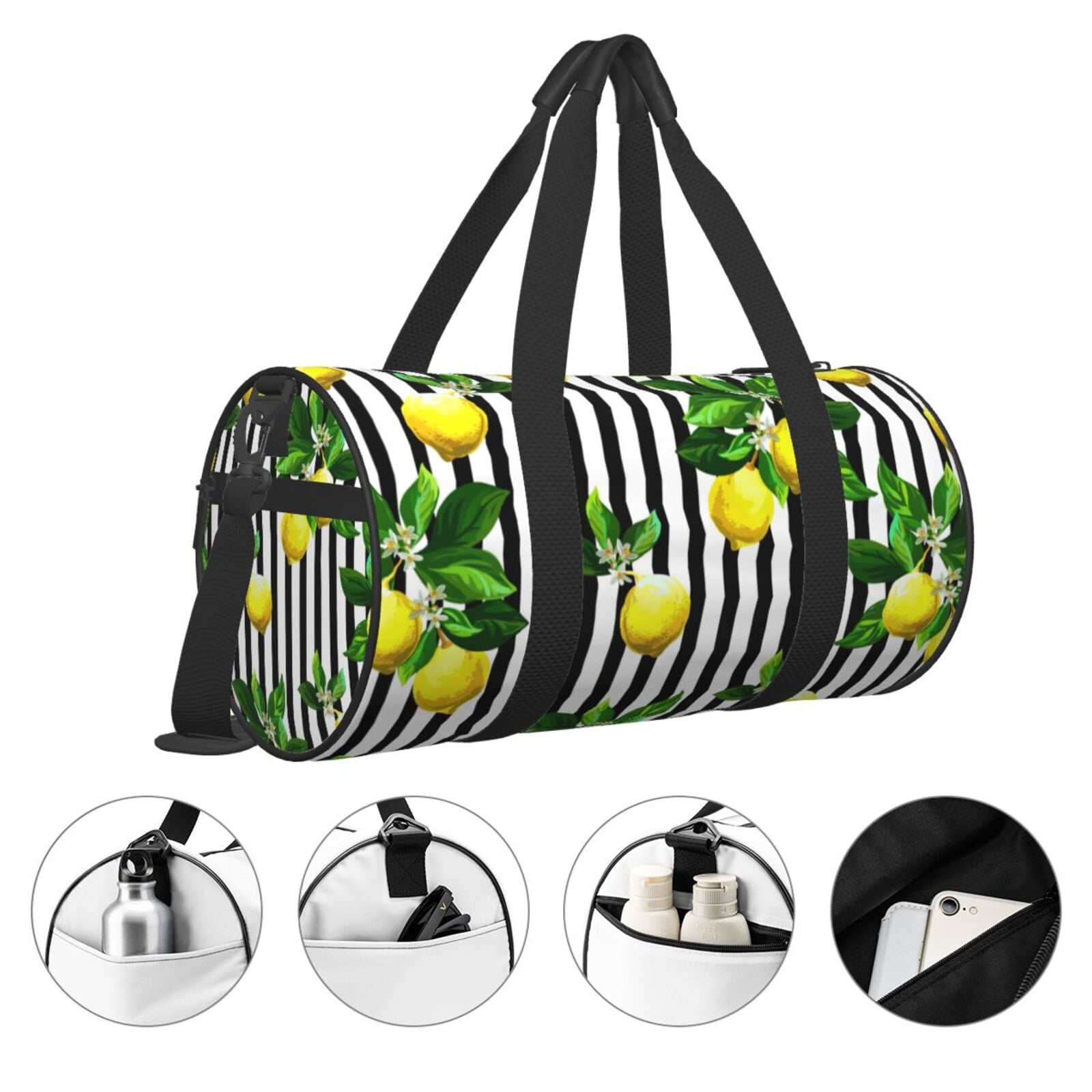 Vsdgher Lemons on Striped 45L Foldable Duffel Bag, Sports Gym Bag,Overnight Bag, Portable Weekender Bag for Airplanes