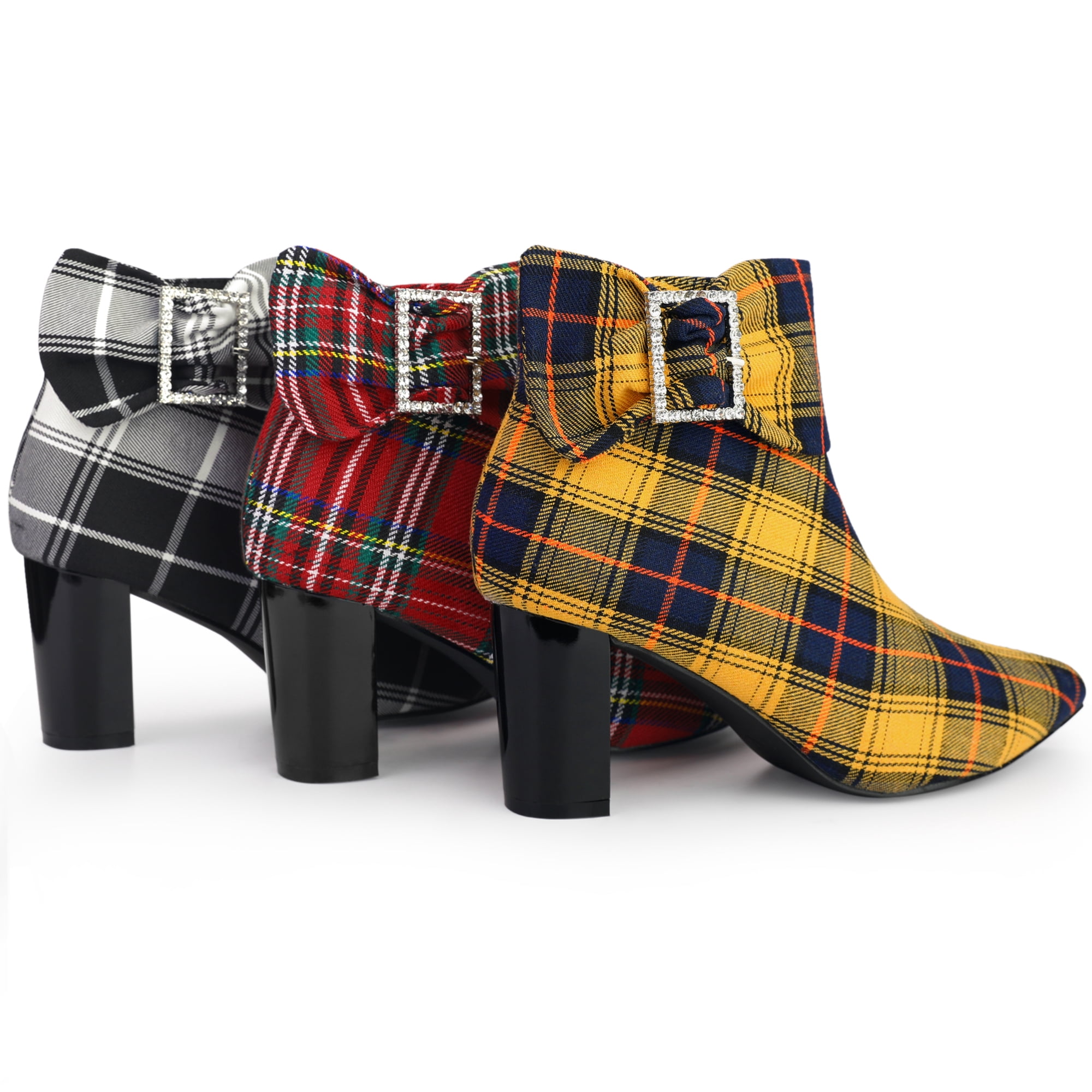 Unique Bargains Plaid Pointy Toe Bow Decor Zipper Chunky Heels Ankle Boots for Women Yellow 8