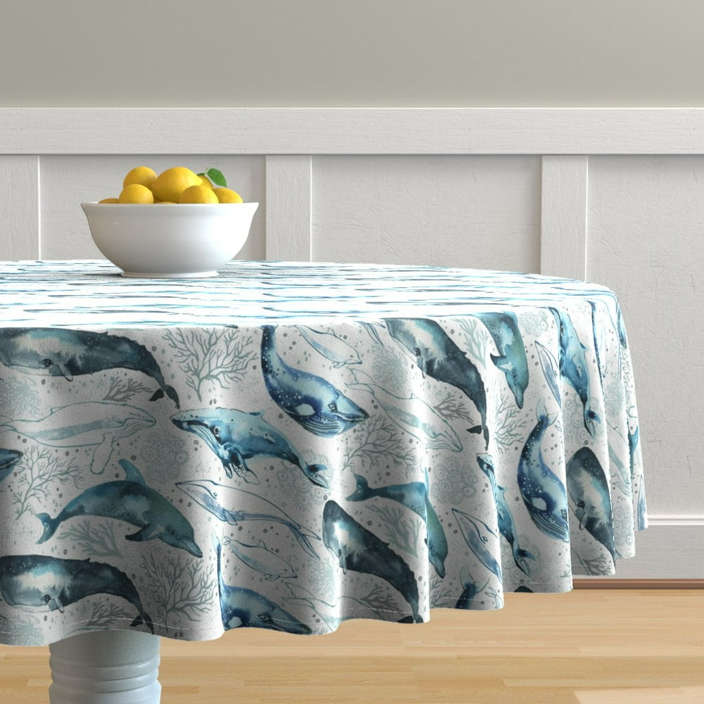Round Tablecloth Nautical Animals Marine Life Blue Watercolor Cotton