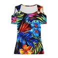 thumbnail image 5 of Xdegoge Tees for Women V Neck Cold Shoulder Tropical Leaf Floral Regular Fit Tops O Ring Short Sleeve Blouses Summer Beach Vacation Outfits, 5 of 5