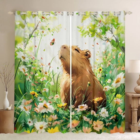 Erosebridal Kawaii Capybara Black Out Curtains For Boys Girls,Kids Chic Floral Flowers Curtains Pack of 2 (42x63 Each),Luxury Bedroom Decor