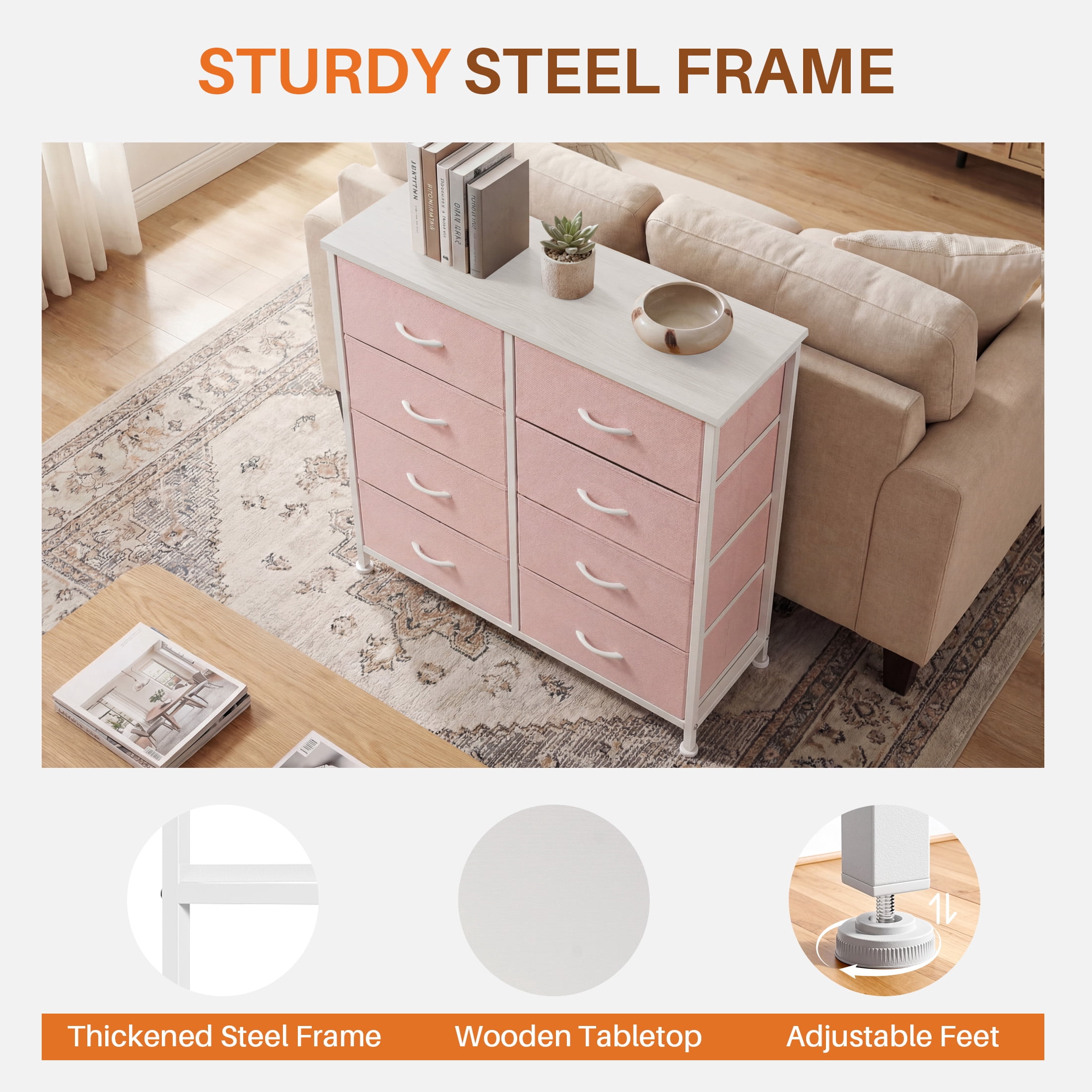 CONCETTA 8-Drawer Fabric Dresser Storage Chest for Bedroom, Closet, Entryway, Storage Furniture for Adults, Pink