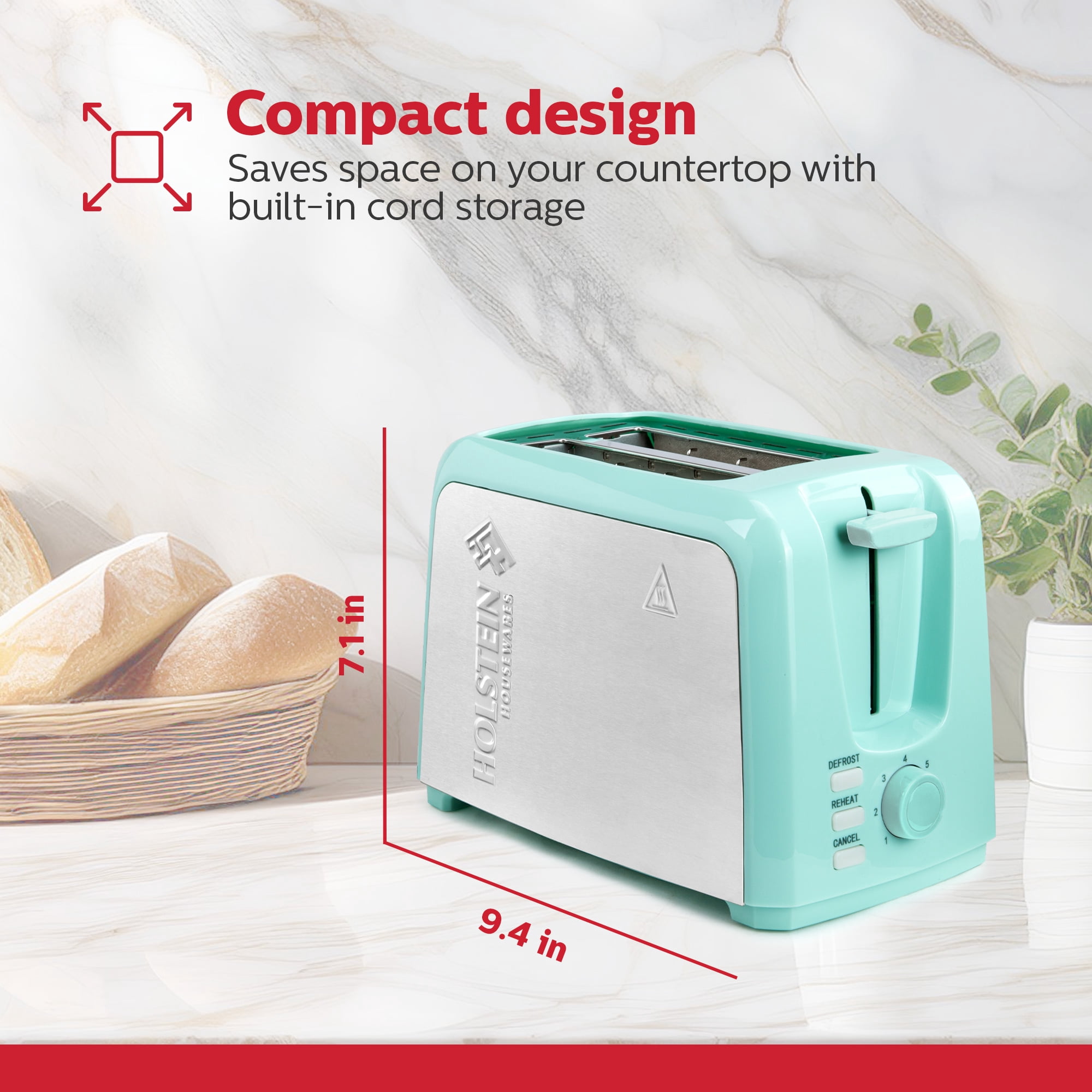 Holstein Housewares 2-Slice Toaster Mint with Defrost and Reheat Function