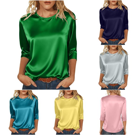 XAOFW Elegant Solid Color Short Sleeve T Shirt For Women Lightweight Satin Knit Tees With Crew Neck For Summer Stylish Top L