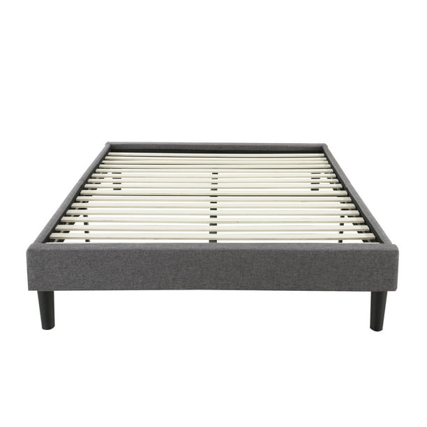 Modern Grey Linen Fabric Platform Bed with Wooden Slats