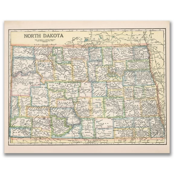 North Dakota 1901 Vintage Map 11x14 Unframed Print–Antique Cartography Poster Reproduction Counties Towns Railroads Rivers Historical Wall Art Rustic Peace Garden State Décor for Home Office Library