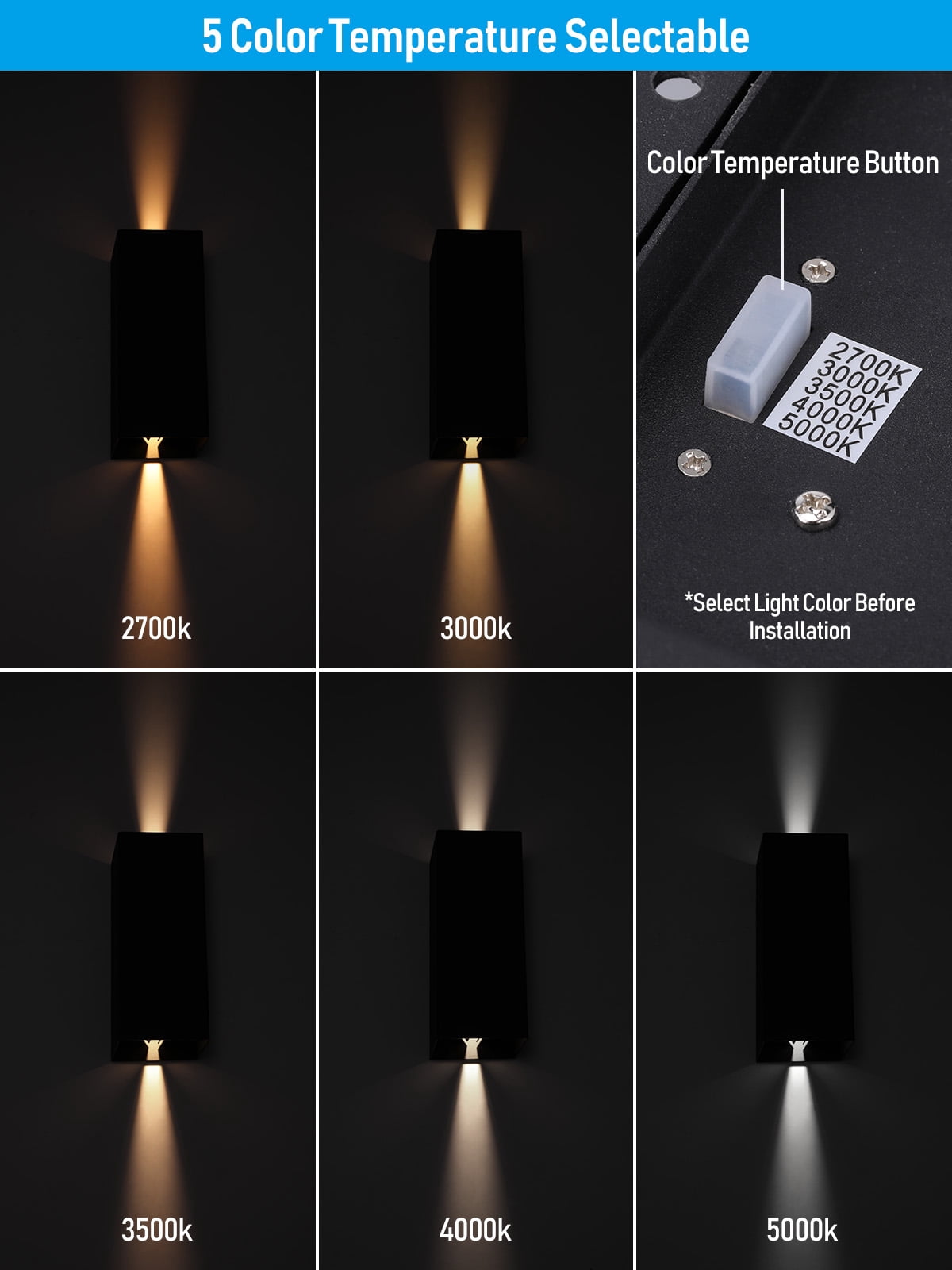 2 Pack 5CCT LED 12 Inch Up Down Wall Sconces, Beam Angle Adjustable, Square Exterior Wall Lights, 100-277V, 1800LM, IP65 Waterproof, CRI90, ETL Listed