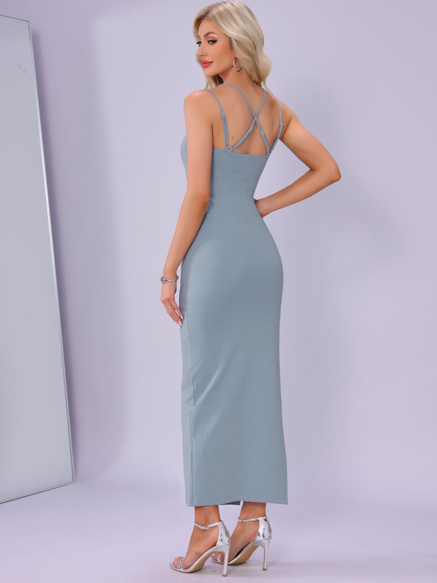 DARING DIVA Spaghetti Strap Bodycon Sleeveless Casual Slit Maxi Dress L Blue Grey