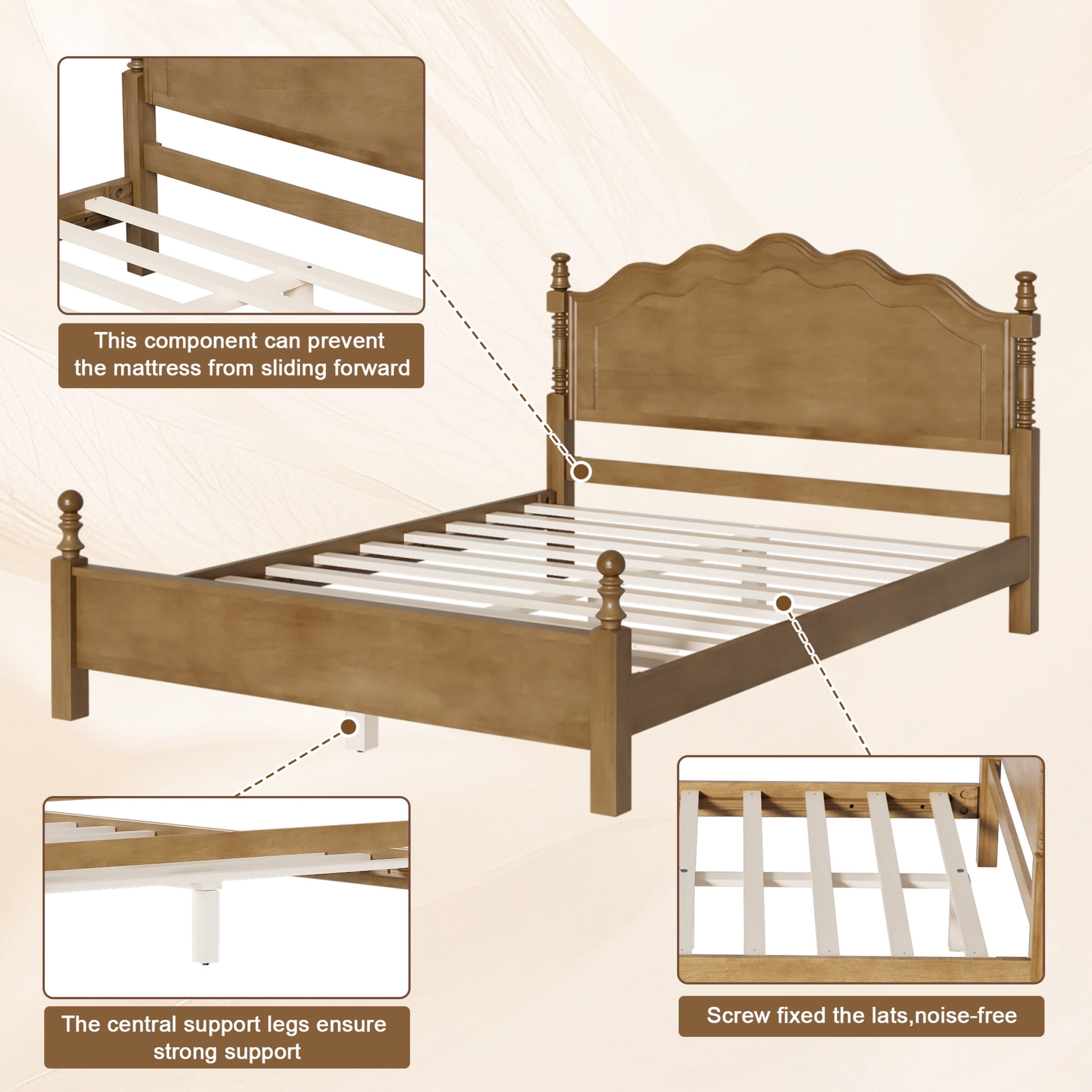 Noble House Queen Size Wood Platform Bed with Curved Headboard, Spindle Posts, Dark Oak