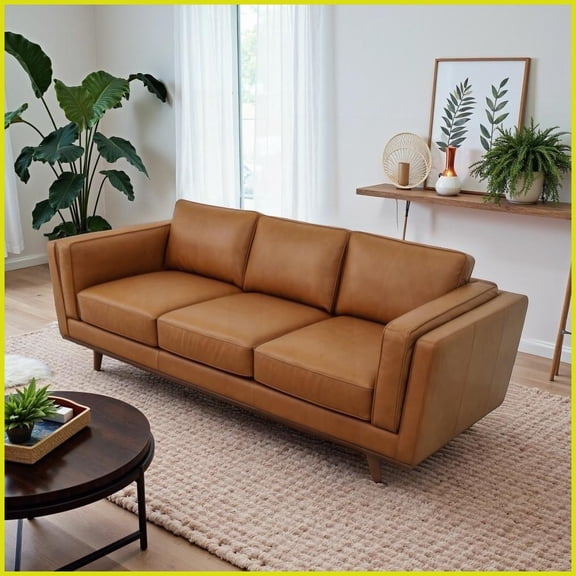 Mid-Century Modern Top Grain Leather Sofa – Easy Clean, Durable Frame for Living Room | Brown | Leather | Cushion Back