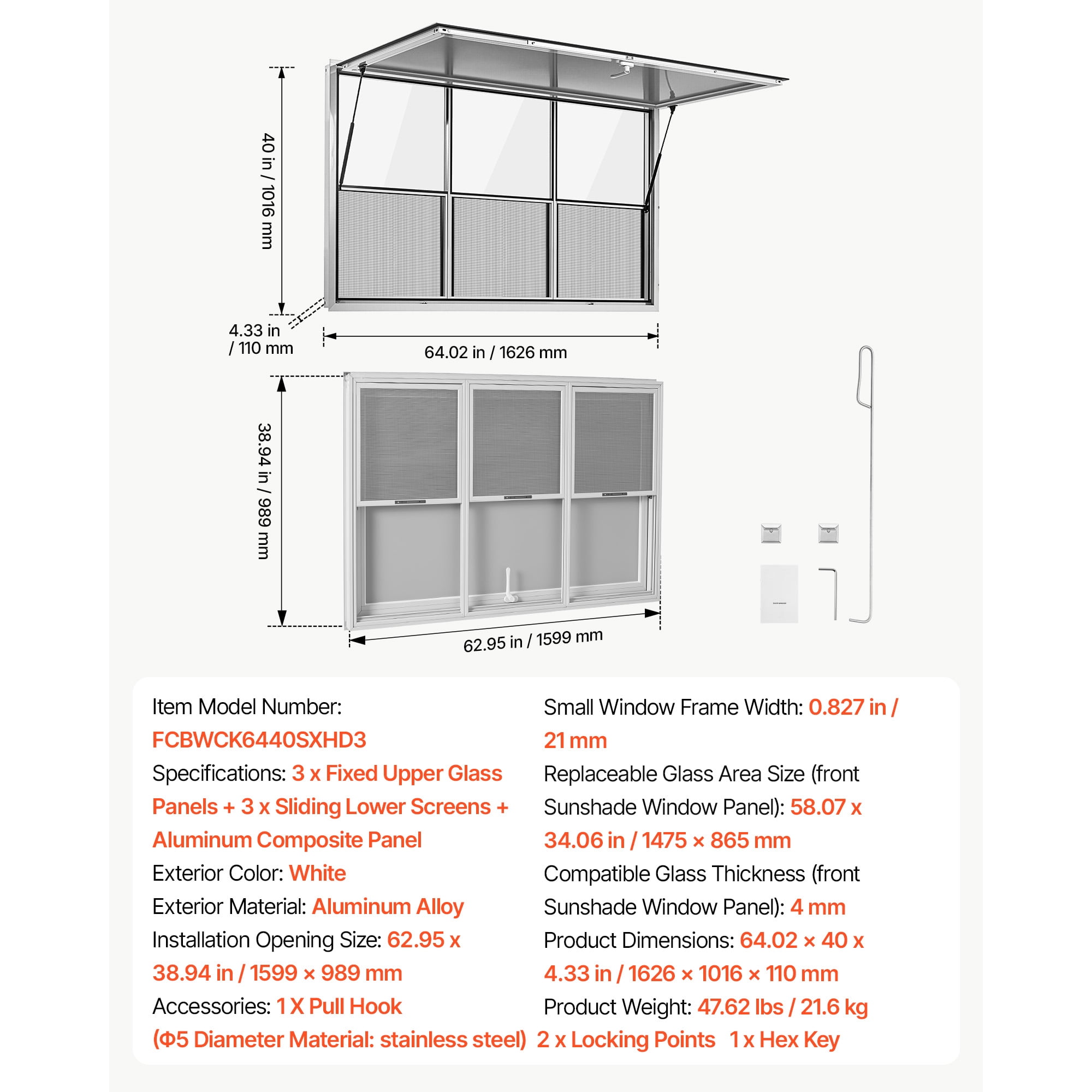 KFFKFF Concession Window 64x40 in Aluminum Alloy Service Window, Designed for Food Trucks, Features 3 Fixed & 3 Sliding Panels, Awning Door with Drag Hook, and Water-Resistant Construction