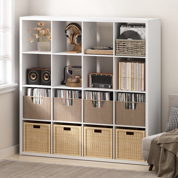 Furinno CUBICLE Vintage Vinyl Record Media Storage Organizer 16-Cube White